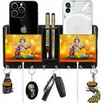 IYA CREATIONS Uniques Special Designer Wooden 2 Pocket Pen Stand 8 Hook Wood Key Holder (25 cm x 12.5 cm x 5 cm,) (khprint 2boxganyellow)