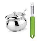 BLUE WONDER Stainless Steel Multipurpose Ghee Pot/Pickle Container with Spoon With Stainless Steel Vegetable Peeler, (Multicolour, Pack of 2)