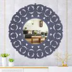 Timberly Grey Wood Handcrafted Round Wall Mirror Hanging With Wall Panel, 24 X 24 Inch