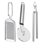 DreamBasket Stainless Steel Cheese Grater & Pizza Cutter & Roti Chimta for Kitchen