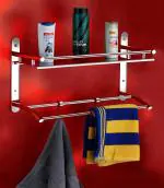 Easyhome furnish Stainless Steel Multipurpose 2-Tier Bathroom Shelf with Towel Rod Cloth Hanger Hook Bathroom Accessories Organizer (Wall-Mount, Chrome Finish, Anti-Rust)