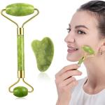 LOYZO Green Metal Jade Stone Facial Roller Massage With Gua Sha Tool For Face Eye Neck Foot