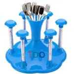 TDO Glass and Spoon Organiser for 6 Glasses and Cutlery Glass Stand Made Stainless Steel and Virgin Plastic Glass Holder BLUE