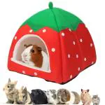 Qpets Winter Bed For Pets, Cute Strawberry Plush House, Hamster Cage With Roof For Small Pet, Hideout Place Hibernation, Plush House For Ferret, Chinchilla, Bunny, Guinea Pig Bed (Within 0.75 Kg)