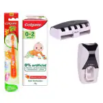 Colgate Enamel Protection Toothpaste for Kids (0-2 years), Natural Fruit Flavour, Fluoride Free ,SLS Free - 70g Tube + Free wall mount automatic toothpaste dispenser (2 Items in the set) + Colgate Kids (0-2 years) Extra Soft Toothbrush