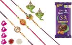 Feastive Celebrations 3 Auspicious Rakhis With Cadbury Dairy Milk Silk Almond Chocolate, Pair Of Soan, Pooja Rakhi, Kesar And Chawal (Set Of 13)