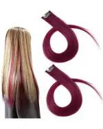 LYTIX Burgandi Synthetic Straight Single Clip Hair Streak Color Hair Extension 18 inch (Pack of 2)