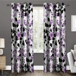 UrbenQueen Polyester Black Leaf and Purple Flower Design Digital Printed Curtain - 4 x 7 feet