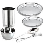 King International Stainless Steel Plate, Glasses, Katori, Spoon, Fork, Silver, 6 Piece