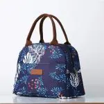 House of Quirk Insulated Reusable Lunch Bag Tote Bag for Women Printed Lunch Bag for School Picnic Office Outdoor Gym (Large A, Blue/Big White Leaves)
