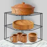 Plantex Black Stainless Steel Multipurpose 3 Tier Corner Dish Storage Rack for Kitchen