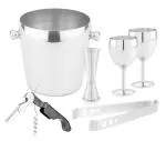 Finality Silver Stainless Steel Ice Bucket, 1200 Ml With Ice Tong, 2 Pcs Goblet Glass And Peg Measure (Combo Of 6)