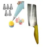 BLUE WONDER Cake Decorating 6 Pcs Nozzle with Wooden Handle Meat Chapper and (Multicolour, Pack of 2)