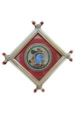 Village Kraft Patachitra Lord Krishna and His Flute Palm Leaf Painting Framed Wall Decoration 12.7 x 12.7 cm