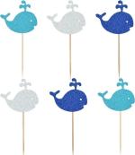 Festiko 15 Pieces Nautical Ocean Glitter Whale Cupcake Toppers Picks Decorations Preppy Boy Birthday Supplies