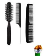 E-DUNIA Professional Smart Look Big Hair Paddle Rectangular Cushion Brush (1) & Brush For Blow Drying Roller Hair Brush (1) & Black Carbon Rat tail, Sectioning comb with Steel Handle (1) [ Pack Of 3 ]