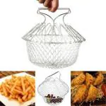 DISTREL Stainless Steel Steam Rinse Strain Fry Basket Strainer Collapsible Deep Frying Basket (Steel Pack of 1)