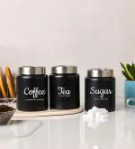 Dudki Quoted Stainless Steel Round Canister/Kitchen Storage for Tea Coffee Sugar pack of 3 (BLACK)