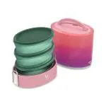 VAYA TYFFYN Ombre Pink Oval Shape Vacuum Insulated Stainless Steel Office Tiffin Box with 3-Microwave Safe BPA Free Plastic Lunch Containers, 1000 ml