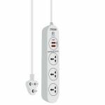 amiciTools ElectroLine Extension Board, 3 Universal Socket with 2 USB Port and Type-C Port, 10A Wall Mount Power Strip with 2.3m Long Cord (250VAC, 2500W)