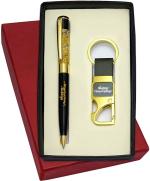 UJJi Happy Anniversary Printed Golden Gel Filled Brass Ball Pen & Hook Keychain