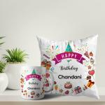 ASHVAH White Round Happy Birthday Chandani Ceramic Coffee Mug and Cushion with Filler Combo Gift (Pack of 2) AS-D3COMBO-Chandani-W