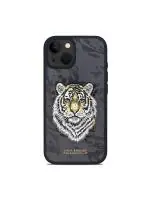 TREEMODA Santa Barbara Embroidered Tiger Series Leather Black Back Case Compatible for iPhone 15 Plus.
