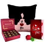 Midiron Valentine's Day Gift for Wife/Girlfriend|Romantic Gift for Husband/Boyfriend| Birthday gift for Wife ( Chocolate Box, Artificial Rose, Greeting Card, Cushion)