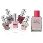 JUICE | 5 NAIL POLISH COMBO 32 (PETAL PINK - 253 / CAMEL - 251 / SUN KISSED - 111 / DUSTY CORAL -102 / TEDDY BROWN - 288) & 1 NAIL POLISH REMOVER | WATERPROOF & LONG LASTING | PACK OF 6