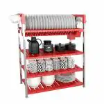 LEOPAX Metal Kitchen Dish Rack with 4 Layer Plastic Shelf | Kitchen Utensils Stand | Kitchen Dish Stand | Kitchen Organizer Stand - Red (62 x 26 x 75cm)