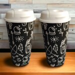 EcoTrendy.IN_Rice Husk Coffee Sipper Cup - Pack of 2 Cups - 475 ML x 2, (Doodle Art Design), Eco-Friendly | Recyclable & Reusable | Microwave Safe | Dishwasher Safe | Freezer Safe |