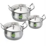 JVL Silver Stainless Steel Cookware And Serveware Essential Utensil Pot Handi Set With Lid 750ml, 1100ml, 1700ml (Pack of 3)