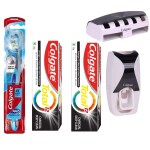 Colgate 360 Floss-tip Medium Bristle Toothbrush - 1 Pc + Colgate Total Whole Mouth Health, Antibacterial Toothpaste, 120gm (Charcoal Deep Clean)( Pack of 2) + Free wall mount automatic toothpaste dispenser