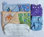 Maalove Combo of Baby Bath Towel with Waterproof Mattress Protector Sheet Blue Green 2 units and Cloth Diapers Purple Blue with White Pads Pack of 2