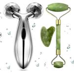 LOYZO Silver, Green Steel 3D Manual Roller Face Body Massager Jade Roller And Gua Sha Stone Set (Pack Of 2)