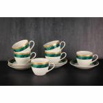 Femora White Grass Green Border Ceramic Fine Bone China Tea Cup & Saucers 200 ml (Set of 6)