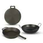 The Indus Valley Pre-Seasoned Cast Iron Cookware Set | Tawa (27.9 cm) + Fry Pan (25.4 cm/1.9L) + Kadai (24.6 cm/2.7L) | Kitchen Cooking Combo Pots and Pans Set of 3Pcs | Naturally Nonstick
