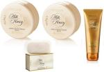 SMART BEAUTY Oriflame Cosmetic Gallery Milk & Honey Gold Nourishing Hand & Body Cream Small Pack + Milk & Honey Creamy Soap Bar + Milk & Honey Gold Smoothing Sugar Scrub Small Pack (4 Items in the set)