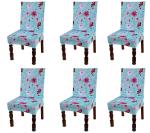 TIB Sky Blue Floral Polyester Elastic Stretch Removable Washable Dining Chair Seat Protector Slipcover Set (50 X 40 X 50 Cm) 6 Pcs