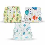 BUMTUM Baby Nappy New Born | Baby Cloth Diaper Combo With Size Adjustable | Band & Wet Free Inserts| Reusable Nappy| Smart Langot For Babies |Medium Size-Nature Close Printed, 3 Counts