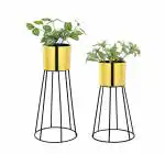 SABRI METAL Urban Jungle Tall Planter CachePots with Stands - Gold & Black | Aesthetic and Modern Style Plant Pot for Office, Home, Living Room | Sturdy Iron Metal Construction - Pack of 2