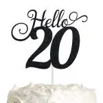 Festiko Black 20th Birthday, Anniversary Cake Topper, Hello 20 Cake Topper, Party Decoration With Premium Black Glitter
