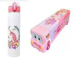 School Bus Metal Pencil Box with Moving Wheels and Sharpener,Art Metal Pencil Box Unicorn Water Bottle/Steel Unicorn Water Bottle for Kids | Gym Sipper/Steel Water Bottles. (Pink)