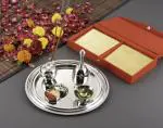 Steelcraft Stainless Steel Puja Thali Set-1 Puja Thali 25cm(Round),1 Diya, 1 Stick Holder,1 Bell,1 Roli Chawal Holder-Set of 5 Pcs, Excellent luster, Fine finishing, Highly durable, Easy to clean