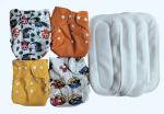 Maalove Combo of Printed and Plain Adjustable Washable Cloth Diapers Yellow Orange with White Inserts Set of 4