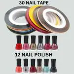 Looks United 12 Long Lasting Nail Polish With 30 pcs Nail Striping Tape, Super Glossy Finish