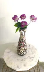 Master Piece Crafts Ceramic Handcrafted & Hand Painted Brown Mughal Wide Mouth Flower Vase with Floral Leafy Motif for Home Decor Living Room Office