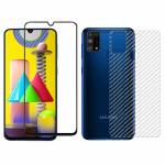 Kite Digital Samsung M31 Back Screen Protective Film Carbon Fiber Skin Transparent Screen Guard Sticker + 5D/6D/11D/21D Black Premium Tempered Glass Screen Protector