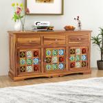 Wopno Furniture Sheesham Wood Sideboard Cabinet with 3 Drawer & 3 Door Storage Cabinets for Living Room(Finish-Natural)