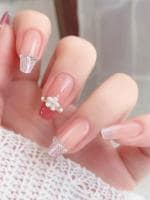 Secret Lives Premium Glossy Reusable Artificial Transparent Pink Color Big Flower with stud & Silver Glitter Fake False Press on Nails 24 pieces Set with Kit